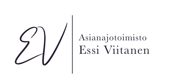 Kirjaimet "EV" ja teksti "Asianajaja Essi Viitanen"